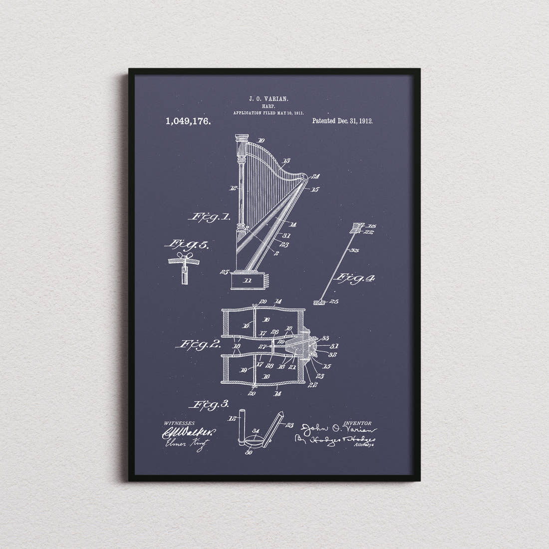 Harp Patent Print in the navy colourway, framed