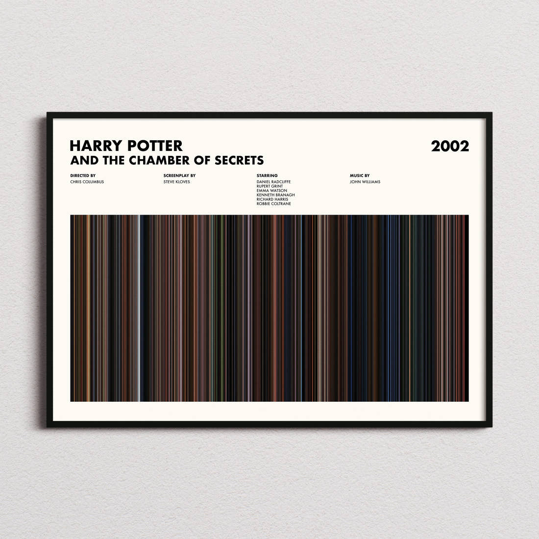Harry Potter and the Chamber of Secrets Movie Barcode Poster framed and photographed straight on