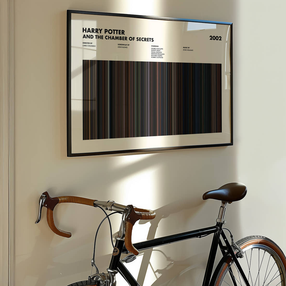 Harry Potter and the Chamber of Secrets Movie Barcode Poster framed on the wall of a styled room setting