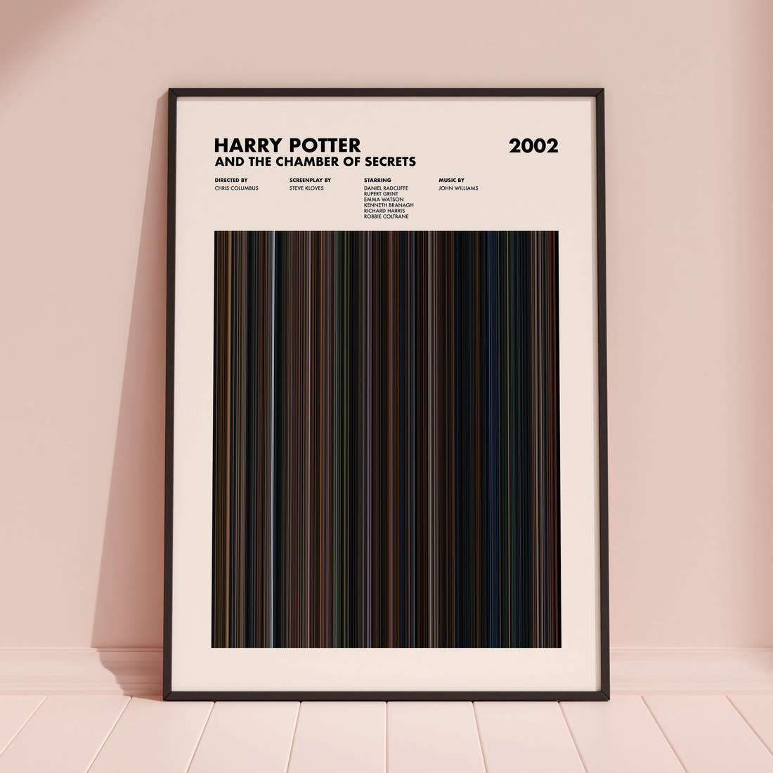Harry Potter and the Chamber of Secrets Movie Barcode Poster framed and leaning against a coloured wall