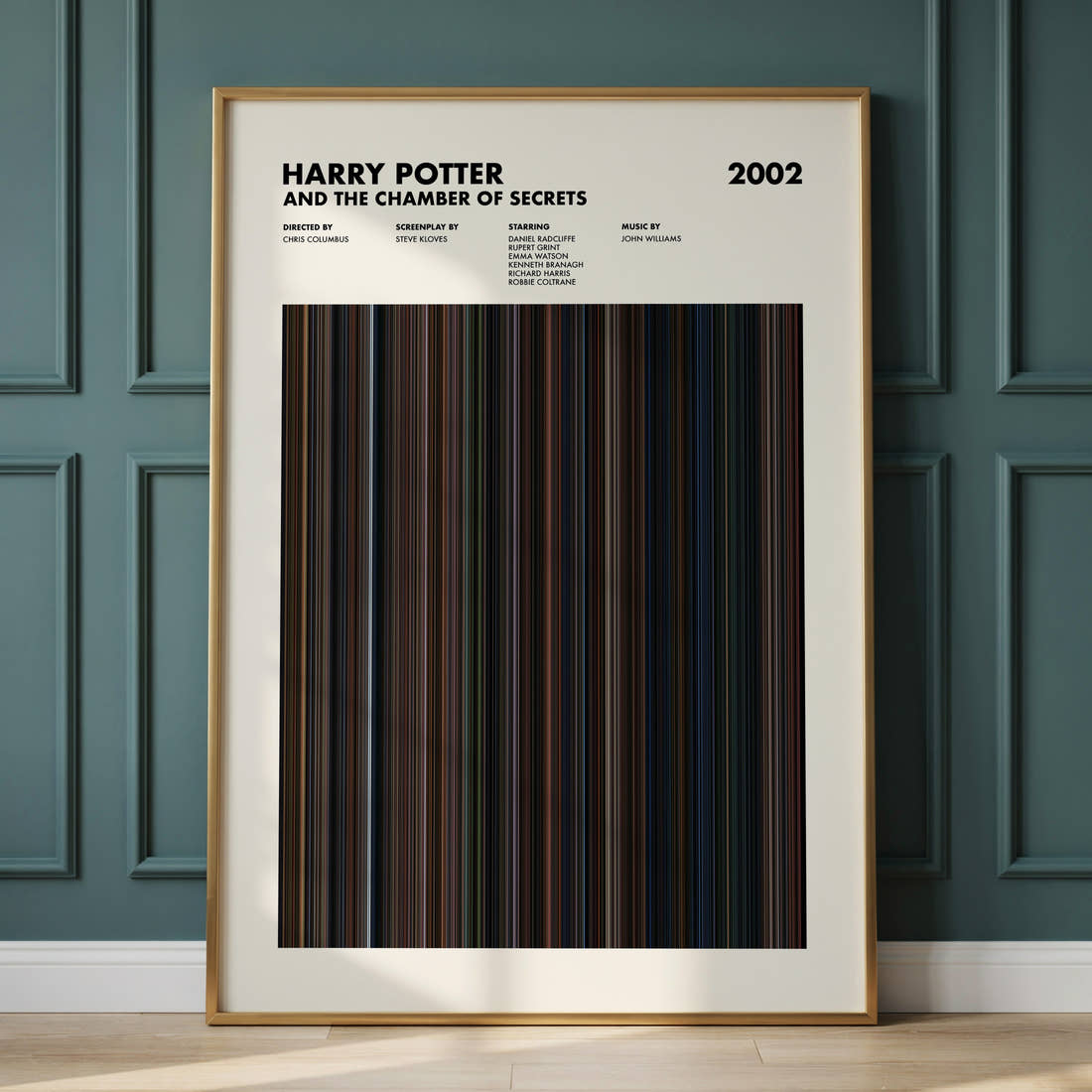 Harry Potter and the Chamber of Secrets Movie Barcode Poster framed and leaning against a panelled wall