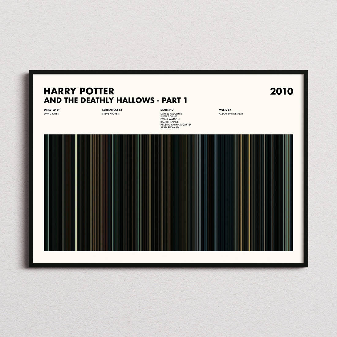 Harry Potter and the Deathly Hallows Part 1 Movie Barcode Poster framed and photographed straight on