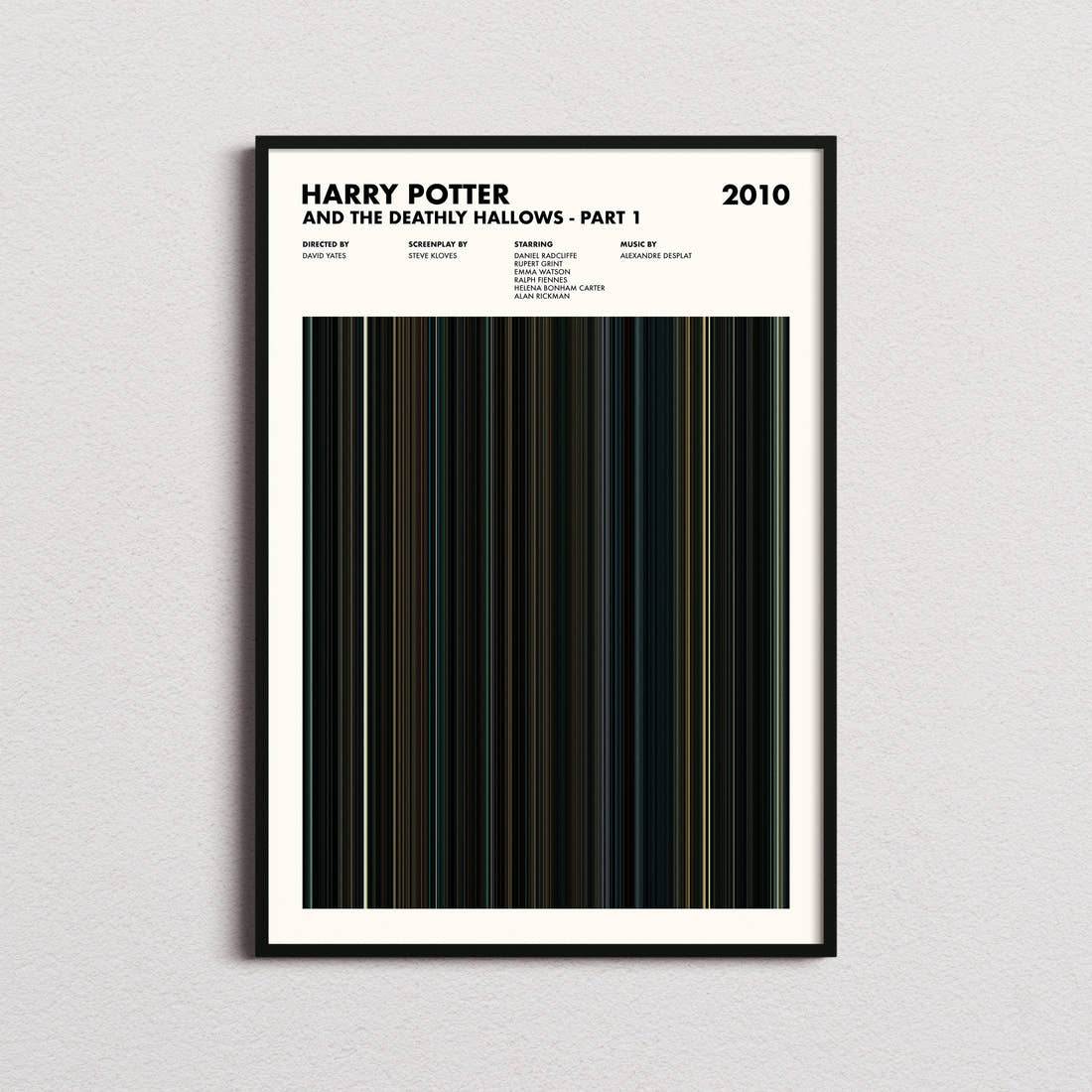 Harry Potter and the Deathly Hallows Part 1 Movie Barcode Poster framed on a plain studio wall