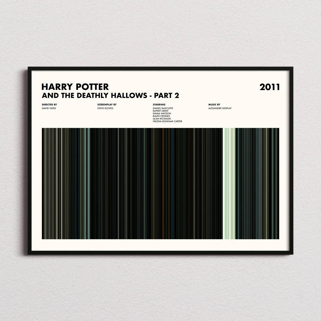 Harry Potter and the Deathly Hallows Part 2 Movie Barcode Poster framed and photographed straight on