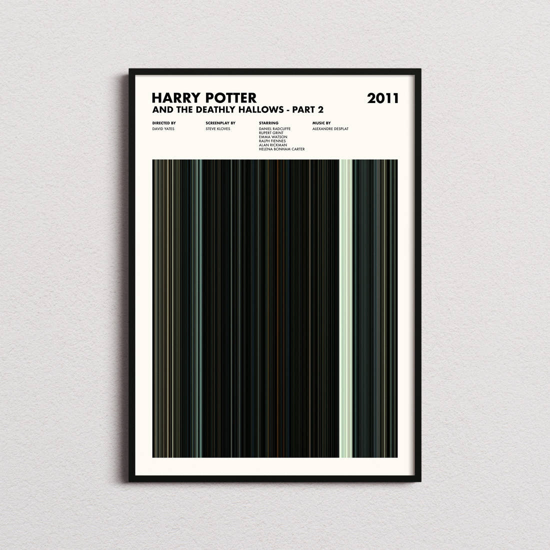 Harry Potter and the Deathly Hallows Part 2 Movie Barcode Poster framed on a plain studio wall