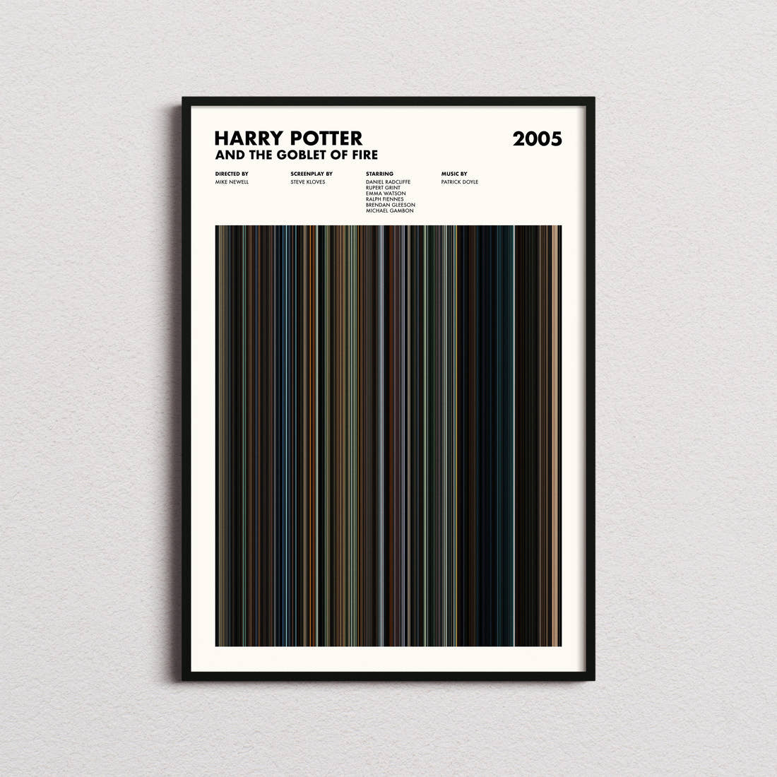 Harry Potter and the Goblet of Fire Movie Barcode Poster framed on a plain studio wall