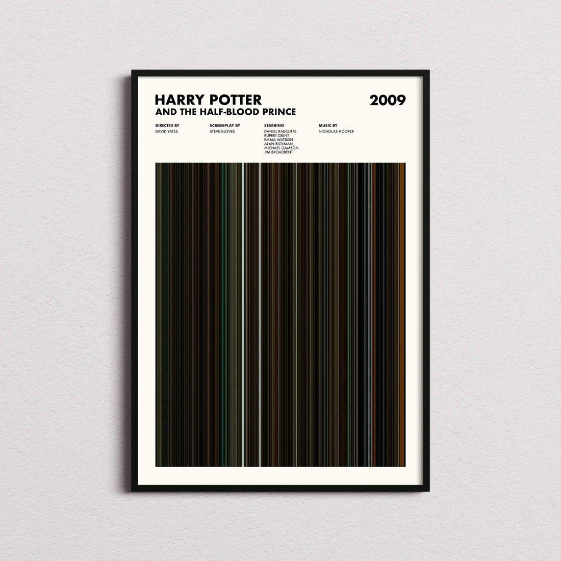 Harry Potter and the Half-Blood Prince Movie Barcode Poster framed on a plain studio wall