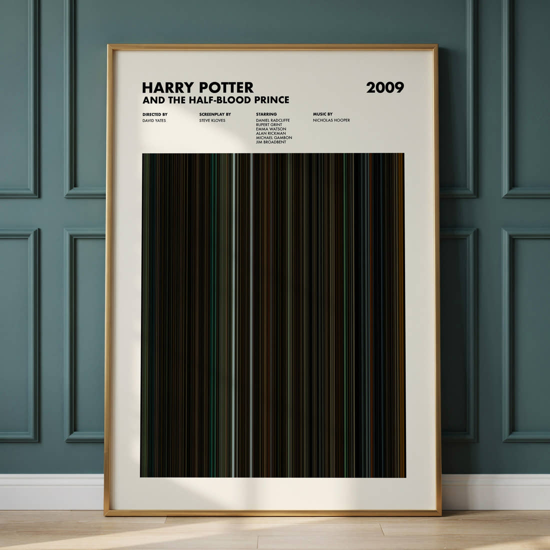 Harry Potter and the Half-Blood Prince Movie Barcode Poster framed and leaning against a panelled wall