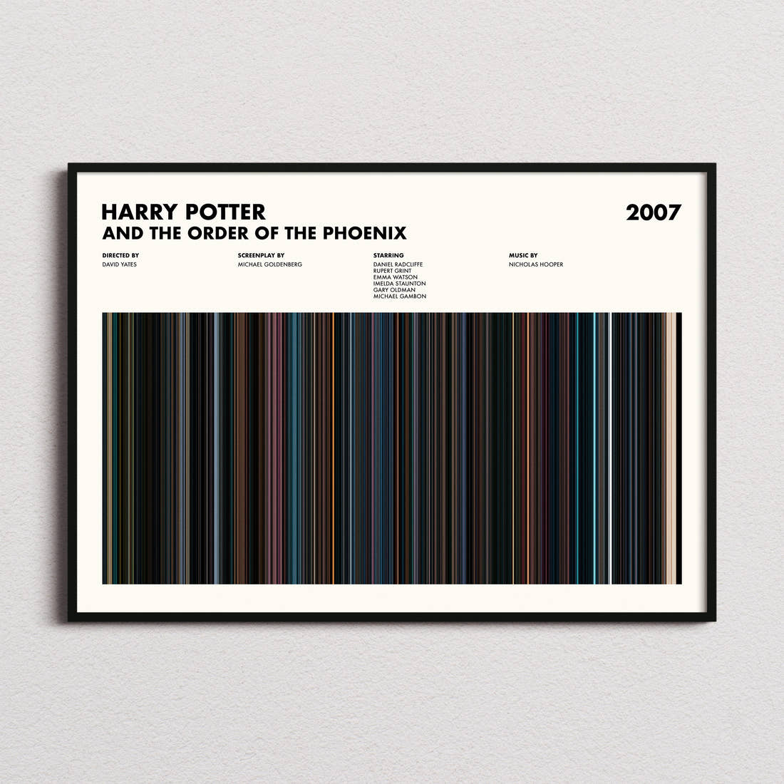 Harry Potter and the Order of the Phoenix Movie Barcode Poster framed and photographed straight on