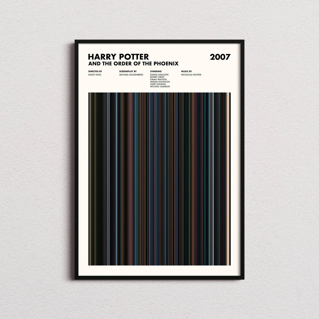 Harry Potter and the Order of the Phoenix Movie Barcode Poster framed on a plain studio wall