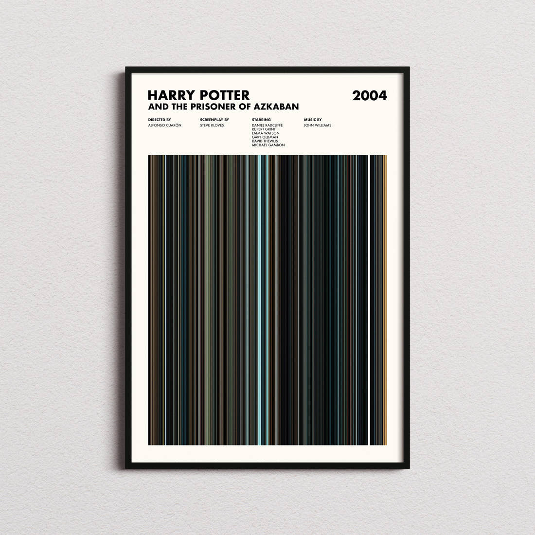 Harry Potter and the Prisoner of Azkaban Movie Barcode Poster framed on a plain studio wall