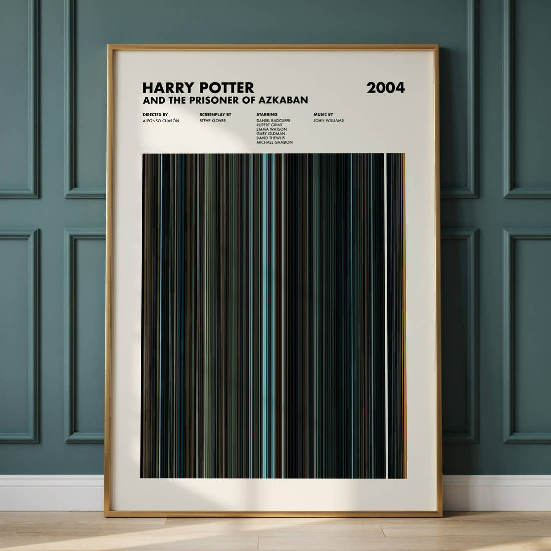 Harry Potter and the Prisoner of Azkaban Movie Barcode Poster framed and leaning against a panelled wall