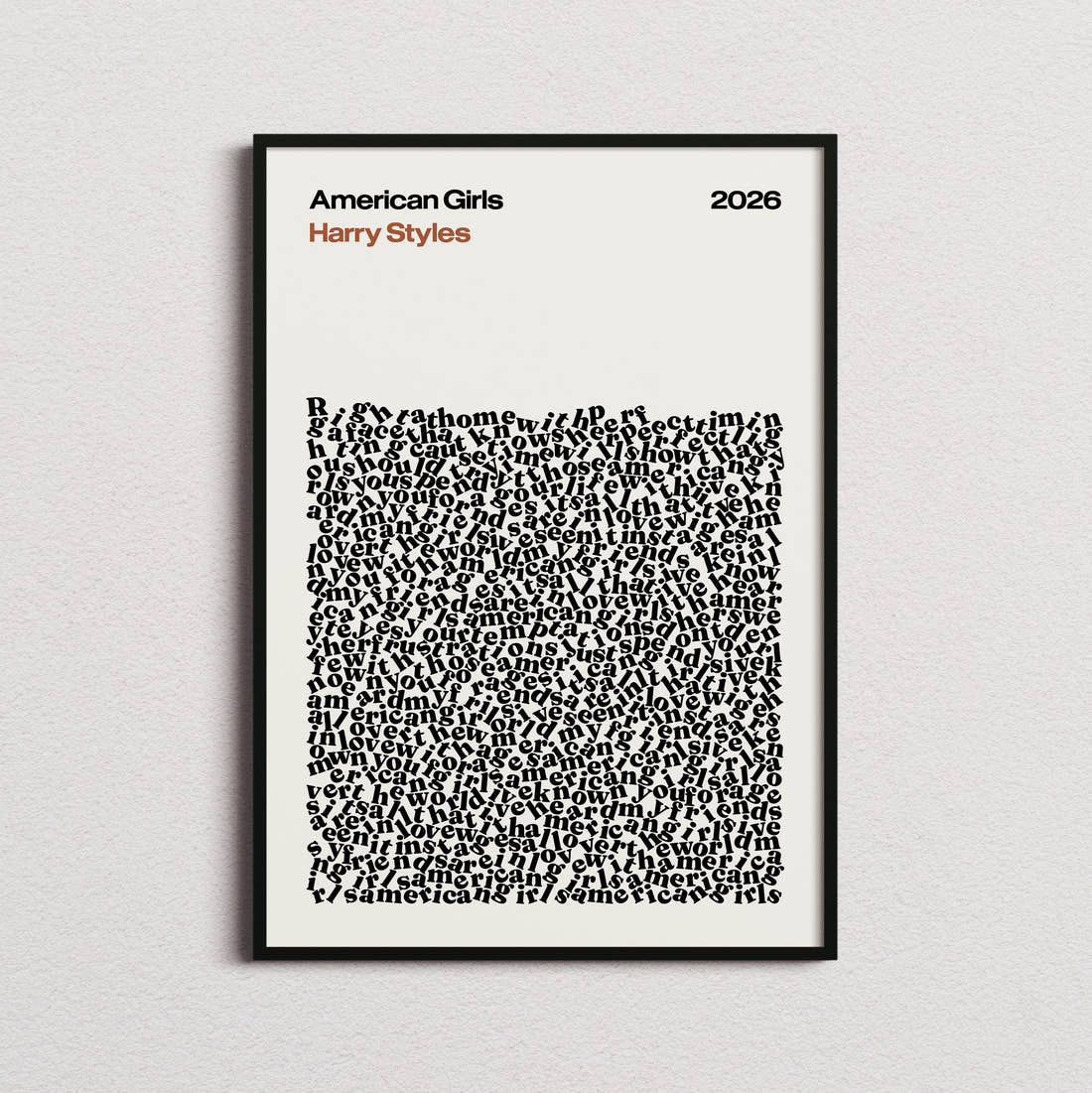 Harry Styles American Girls Lyric Print in the cream colourway, framed