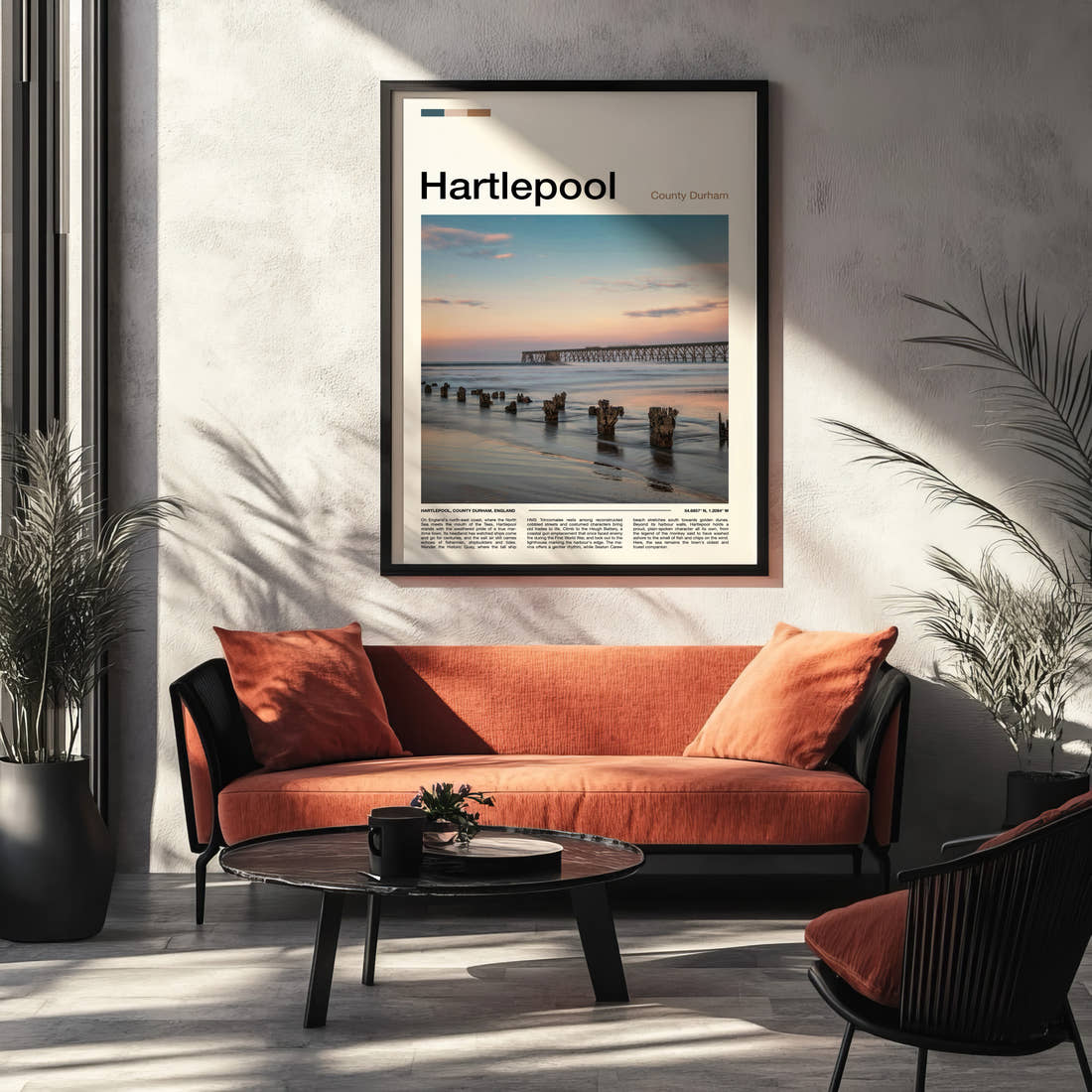 Hartlepool Pier At Dusk Travel Print framed on the wall of a modern living room