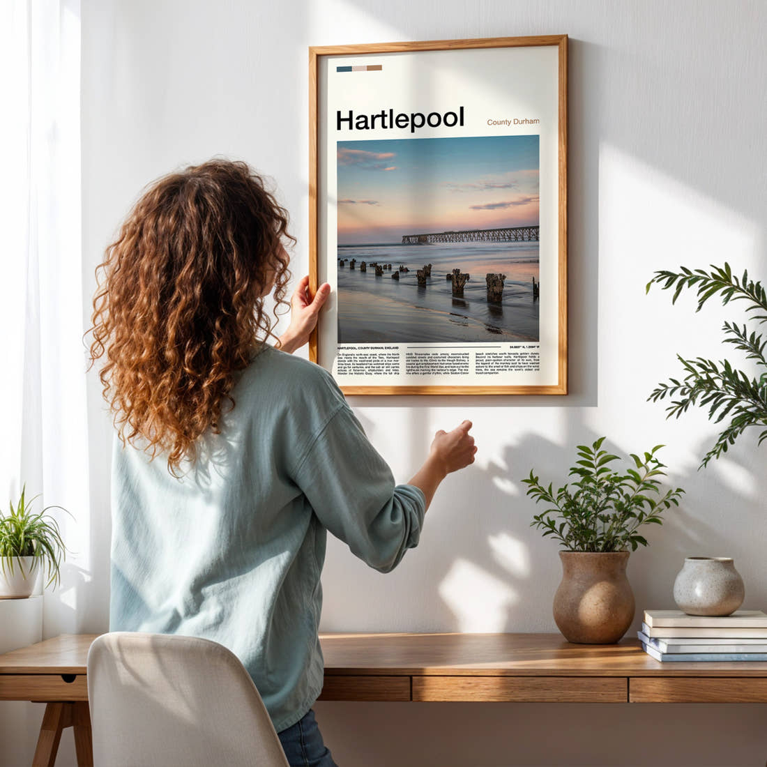 Hartlepool Pier At Dusk Travel Print framed on a pale wall beside houseplants