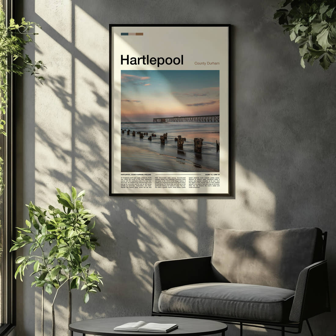 Hartlepool Pier At Dusk Travel Print framed on the wall of a relaxed living room