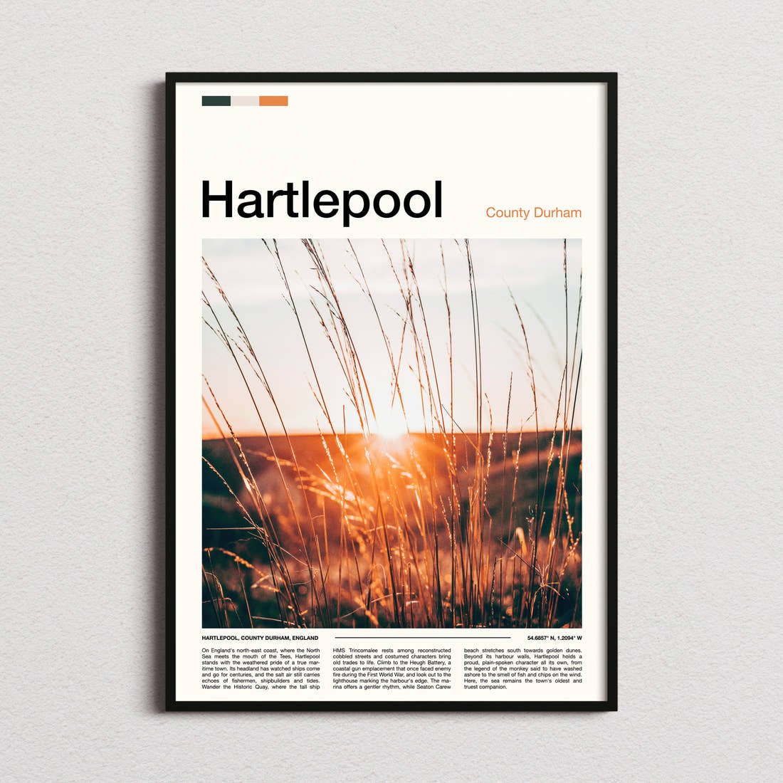 Hartlepool Golden Grass Sunset Travel Print framed and photographed straight on