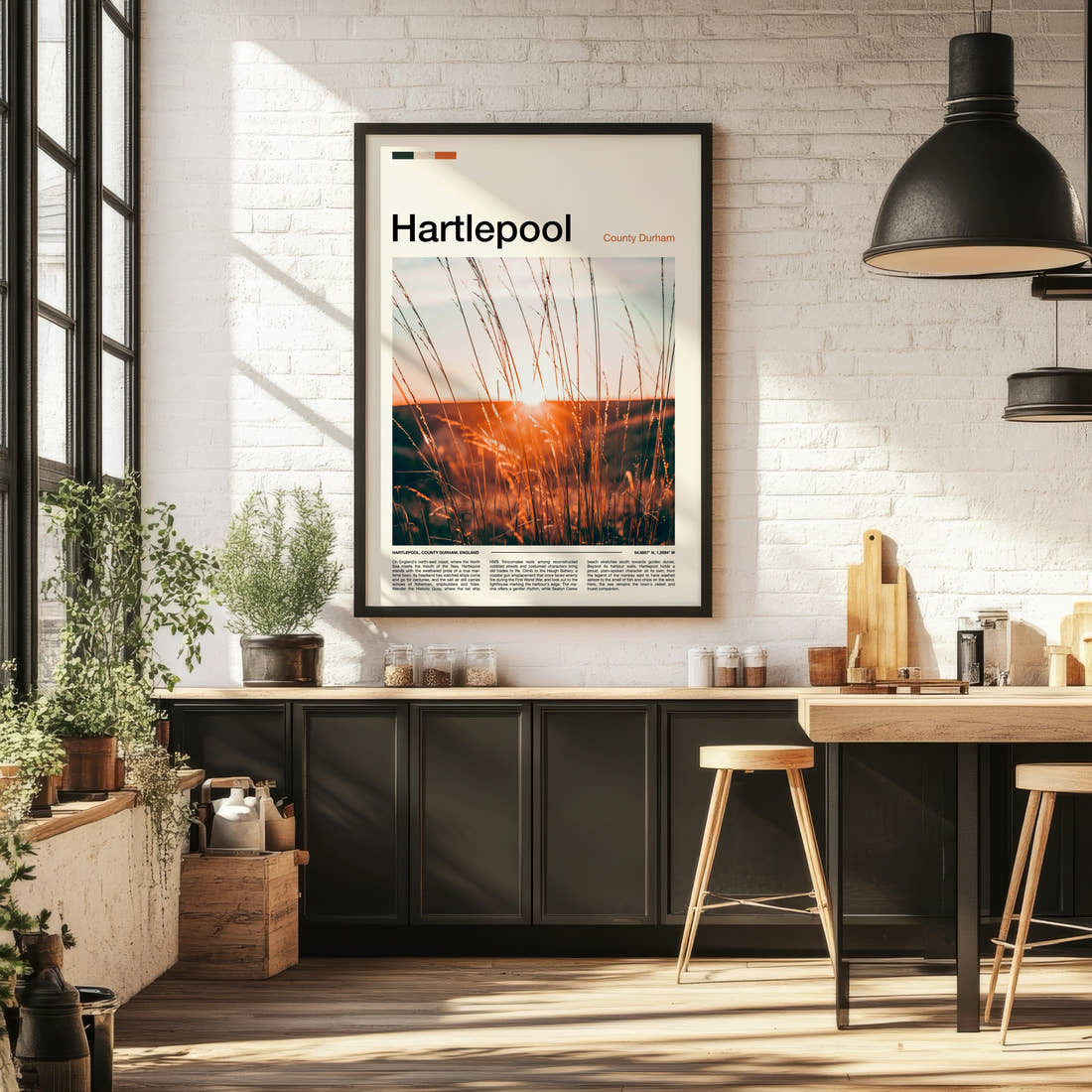 Hartlepool Golden Grass Sunset Travel Print framed on the wall of a bright kitchen and dining space