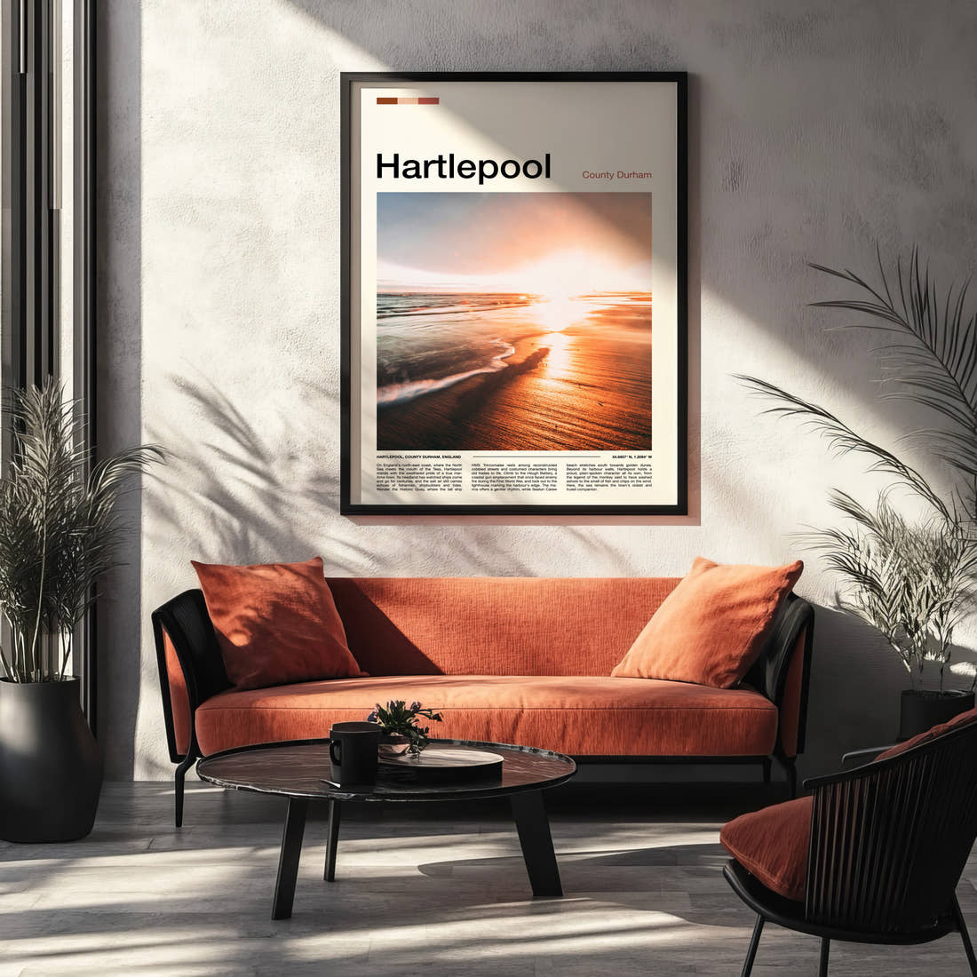 Hartlepool Golden Sunset Shoreline Travel Print framed on the wall of a modern living room
