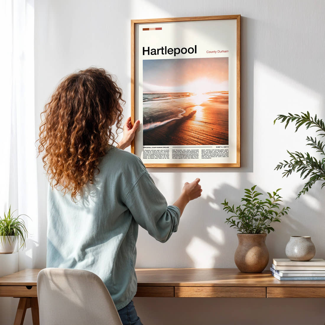Hartlepool Golden Sunset Shoreline Travel Print framed on a pale wall beside houseplants
