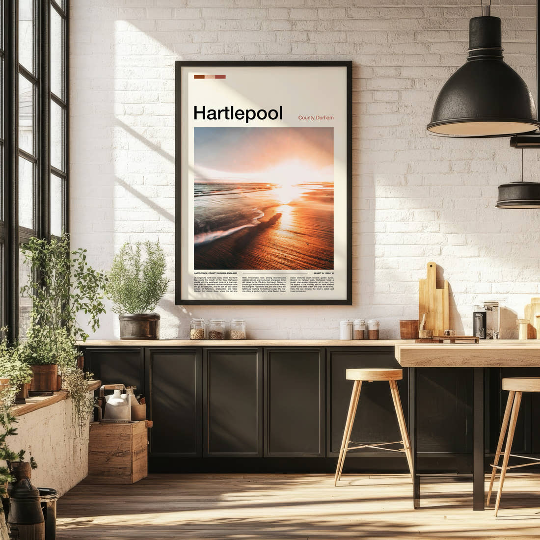 Hartlepool Golden Sunset Shoreline Travel Print framed on the wall of a bright kitchen and dining space