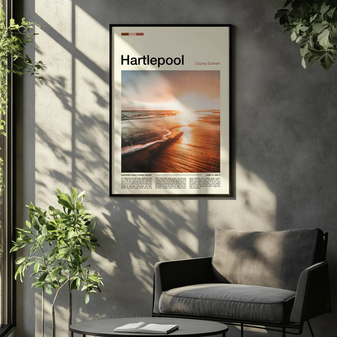 Hartlepool Golden Sunset Shoreline Travel Print framed on the wall of a relaxed living room