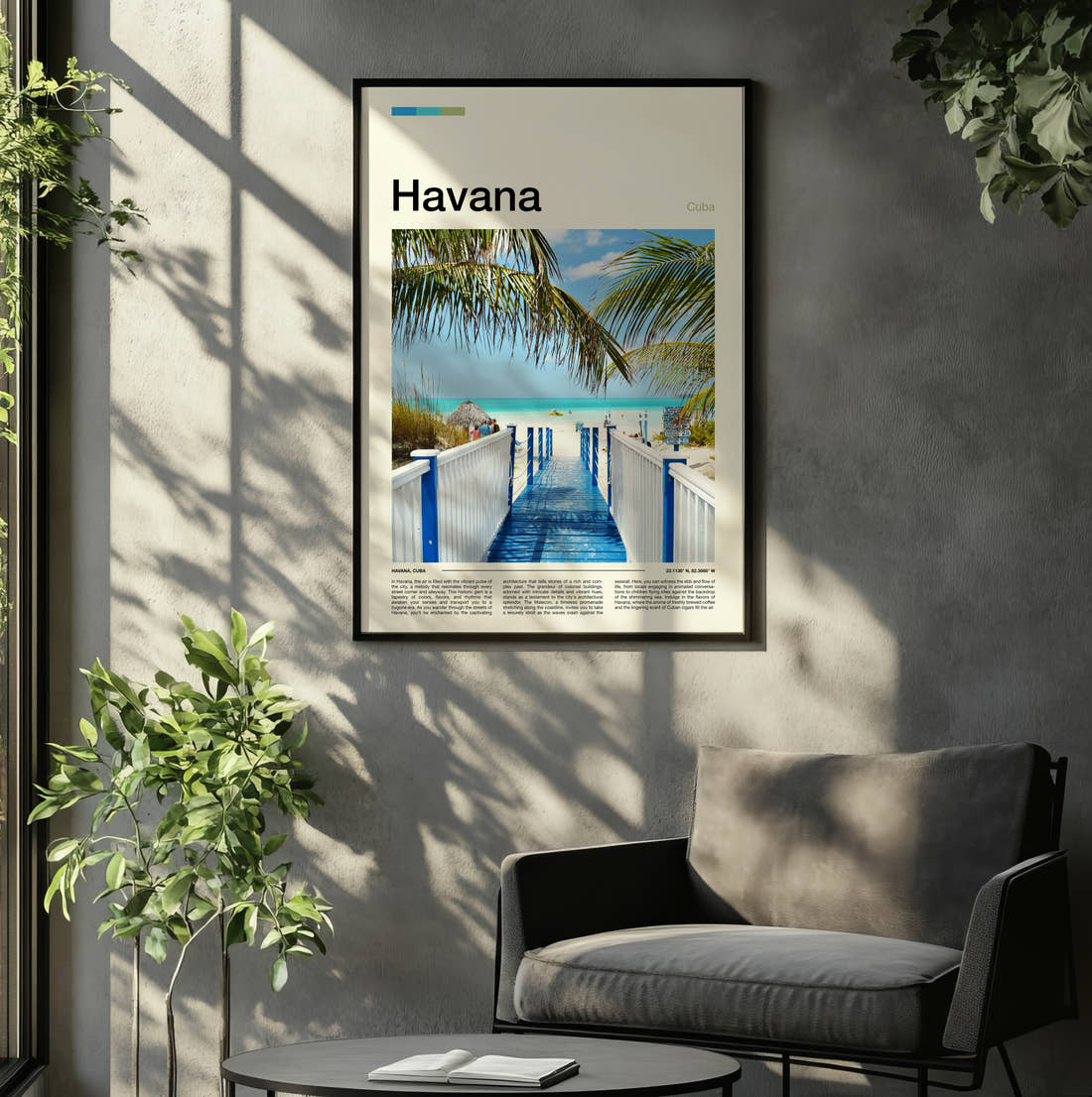 Havana Blue Jetty To The Sea Travel Print framed on the wall of a relaxed living room