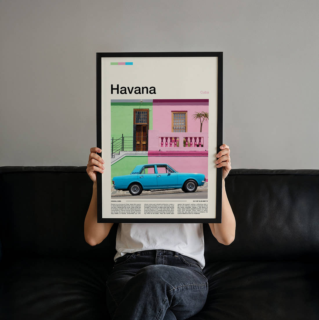 Havana Vintage Blue Car Travel Print held up by hand to show the size of the print