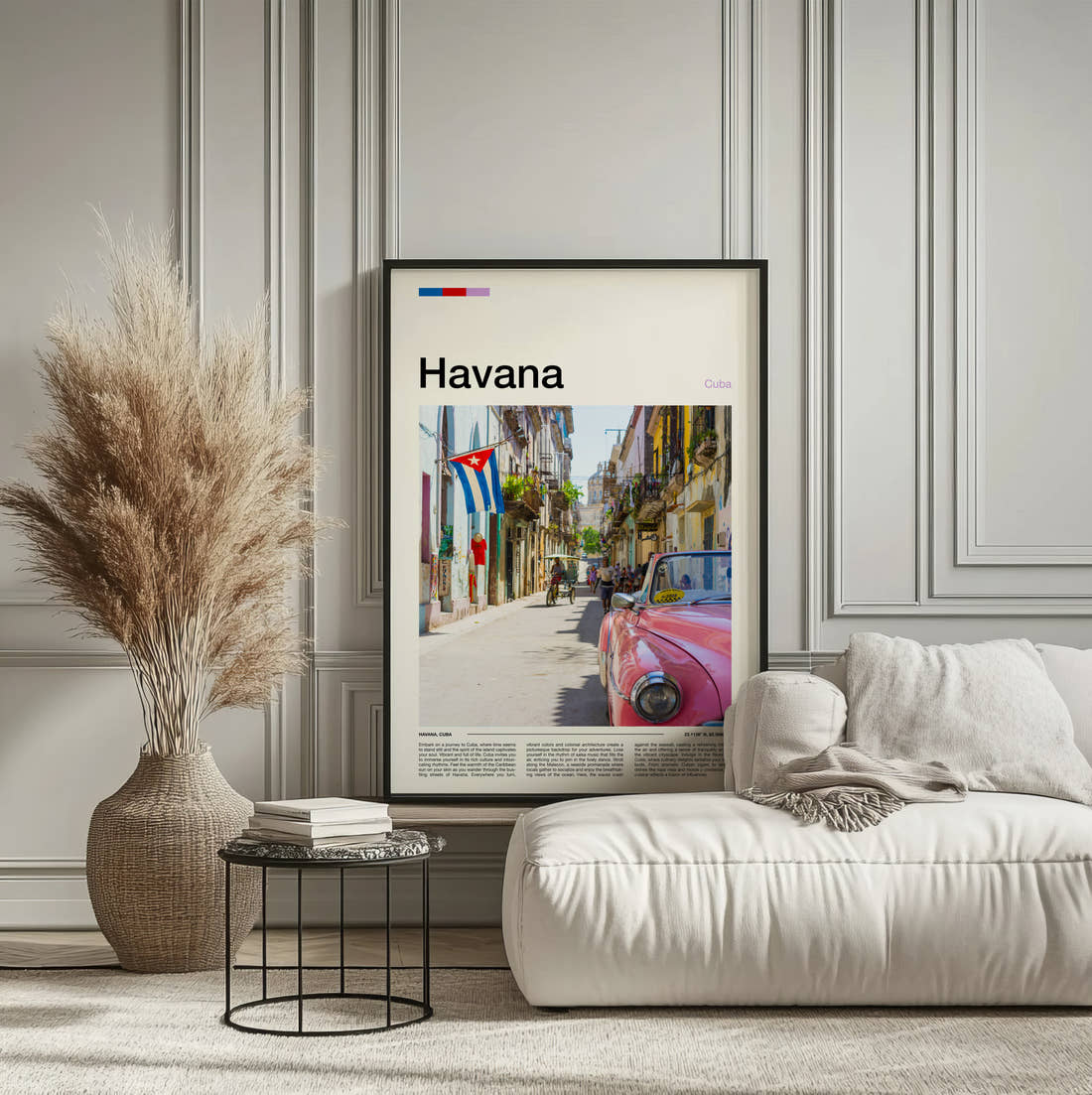 Havana Pink Vintage Car Travel Print framed on the wall of a calm, neutral bedroom