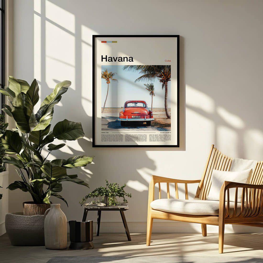 Havana Red Vintage Car Travel Print framed on a pale wall beside houseplants