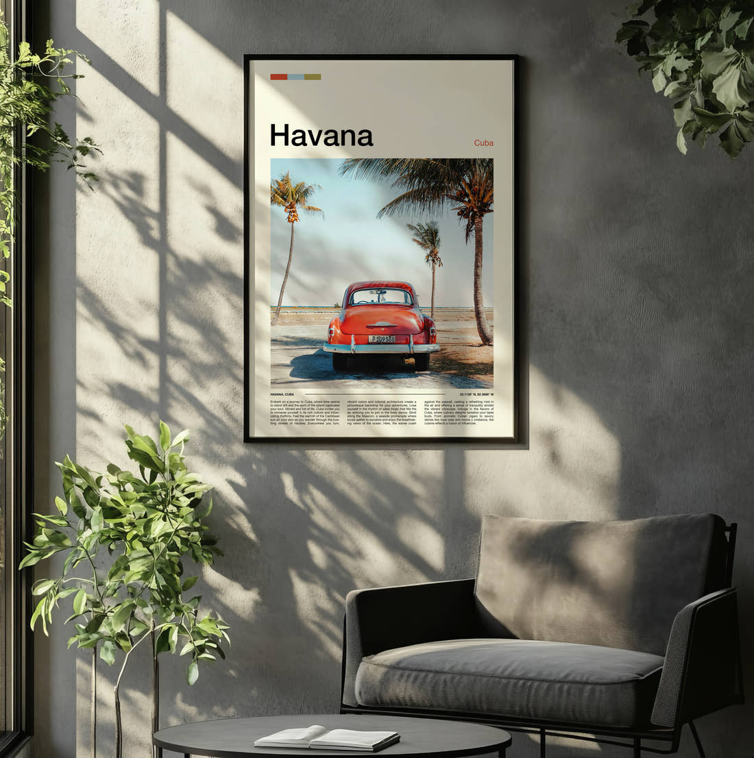 Havana Red Vintage Car Travel Print framed on the wall of a relaxed living room