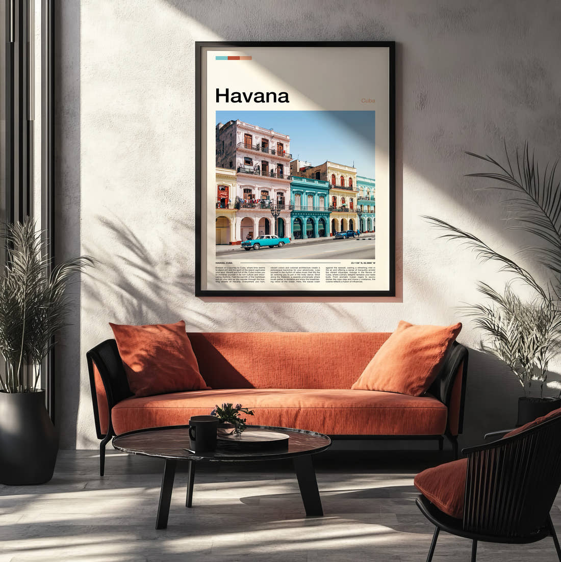 Havana Colourful Colonial Buildings Travel Print framed on the wall of a modern living room