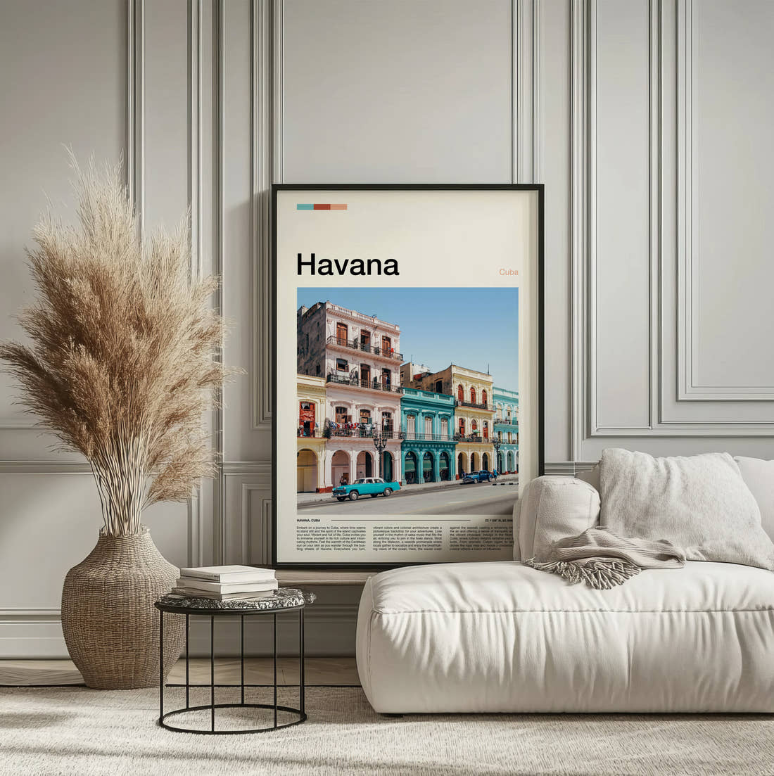 Havana Colourful Colonial Buildings Travel Print framed on the wall of a calm, neutral bedroom
