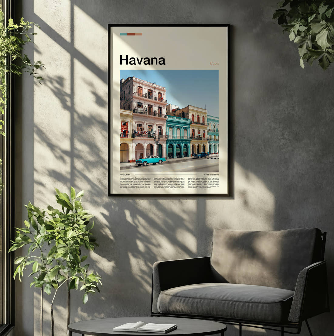 Havana Colourful Colonial Buildings Travel Print framed on the wall of a relaxed living room