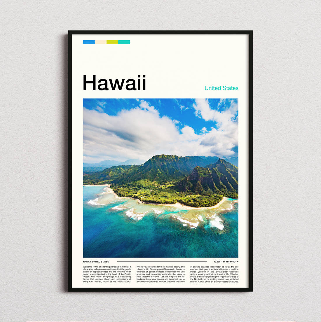 Hawaii Aerial View Of The Coastline Travel Print framed and photographed straight on