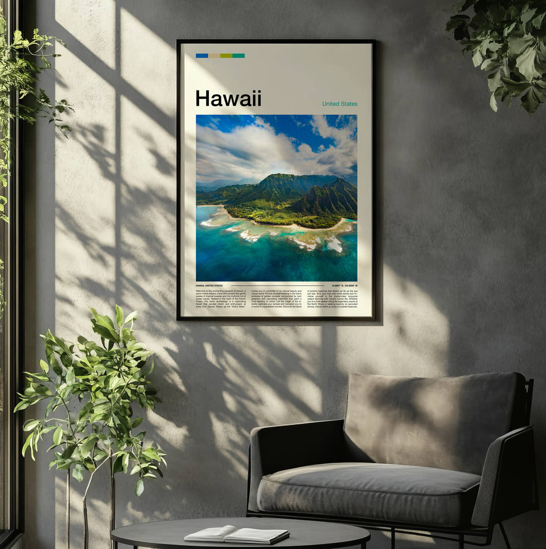 Hawaii Aerial View Of The Coastline Travel Print framed on the wall of a relaxed living room