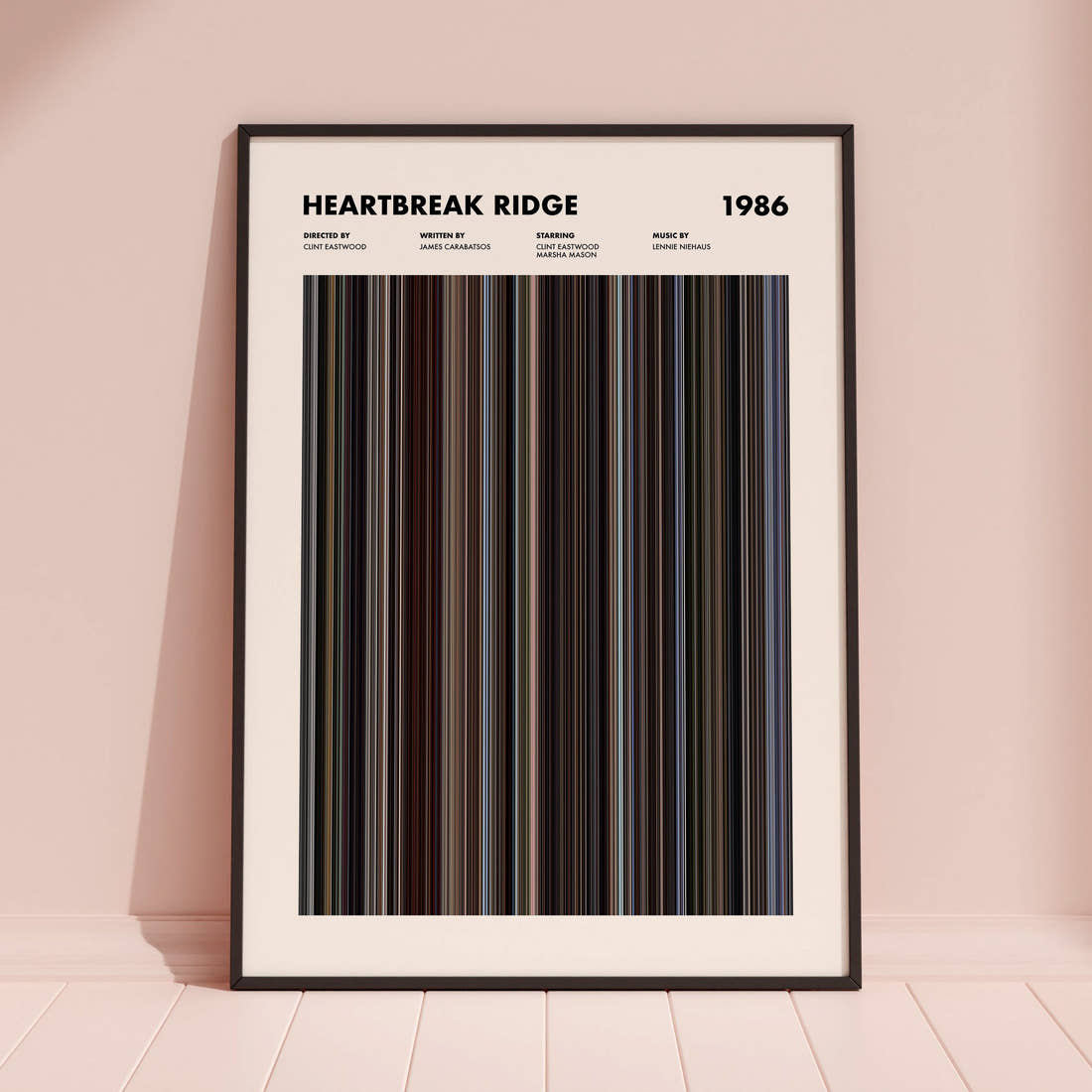 Heartbreak Ridge Movie Barcode Poster framed and leaning against a coloured wall