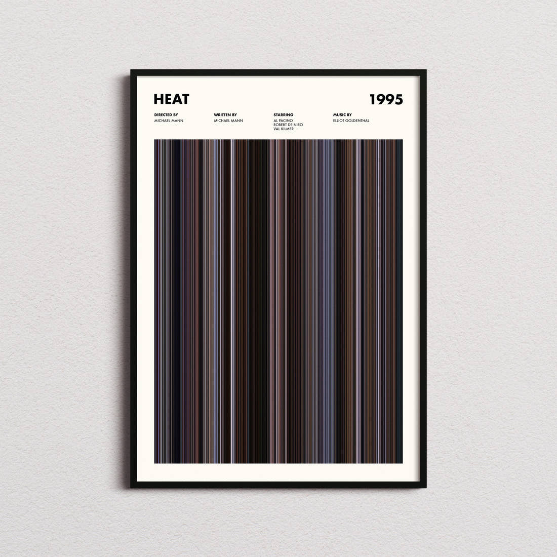 Heat Movie Barcode Poster framed on a plain studio wall