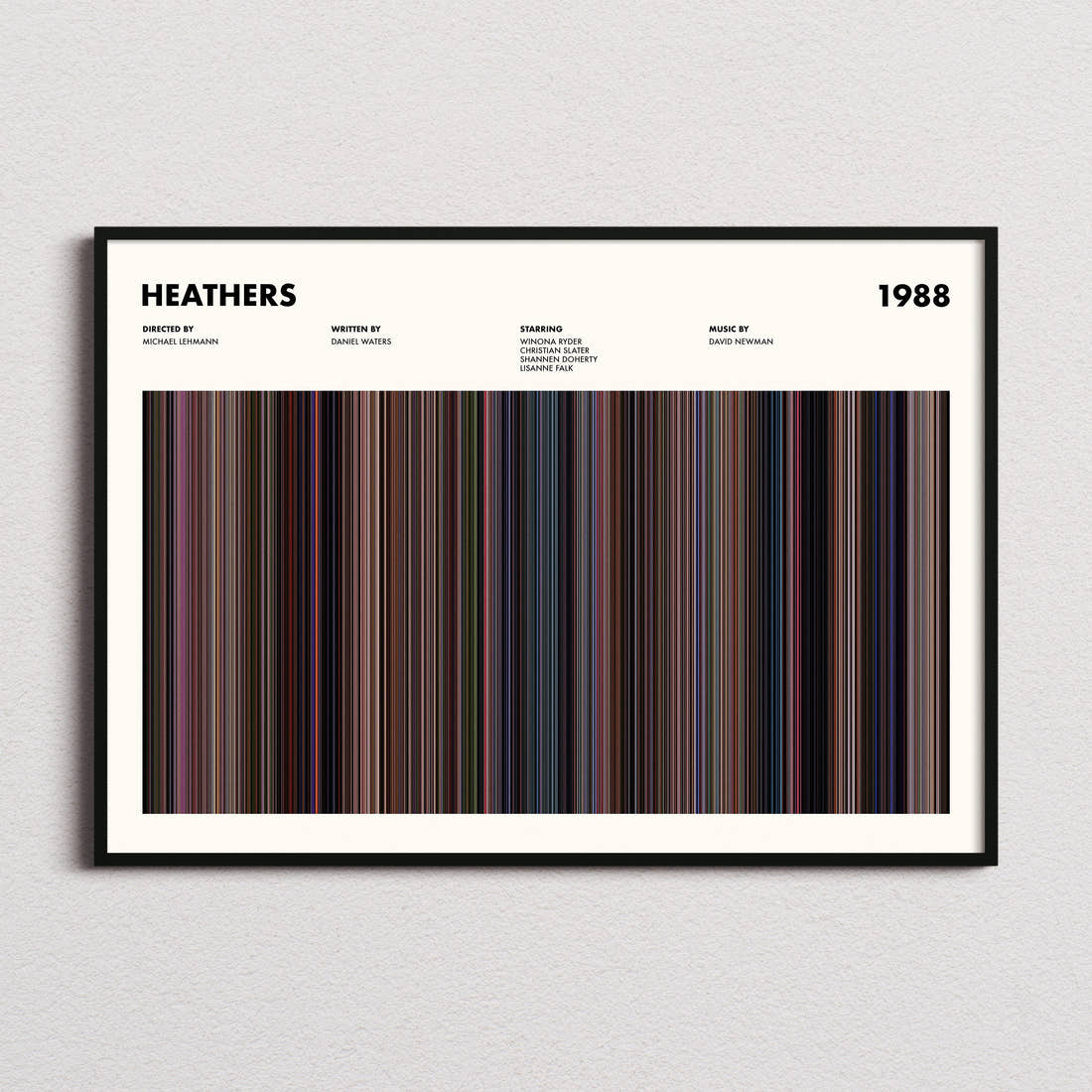 Heathers Movie Barcode Poster framed and photographed straight on