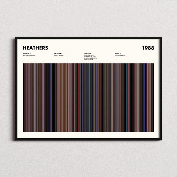 Heathers Movie Barcode Poster framed and photographed straight on