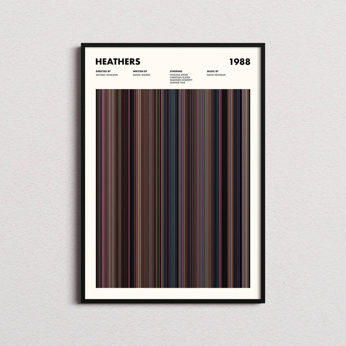Heathers Movie Barcode Poster framed on a plain studio wall