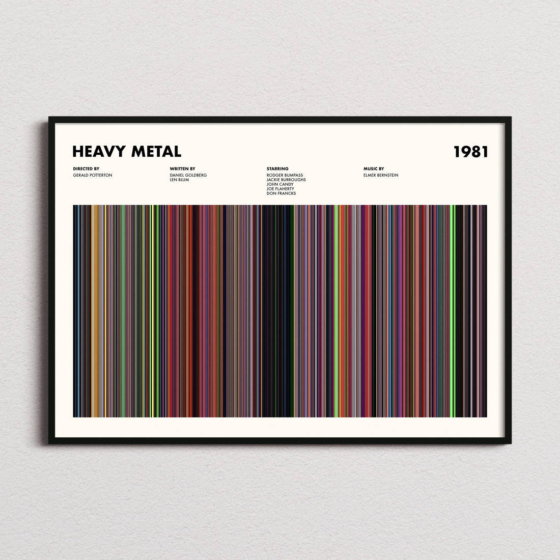 Heavy Metal Movie Barcode Poster framed and photographed straight on