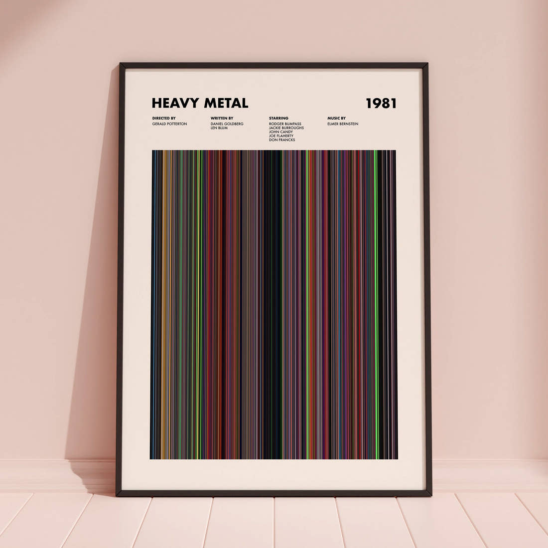 Heavy Metal Movie Barcode Poster framed and leaning against a coloured wall