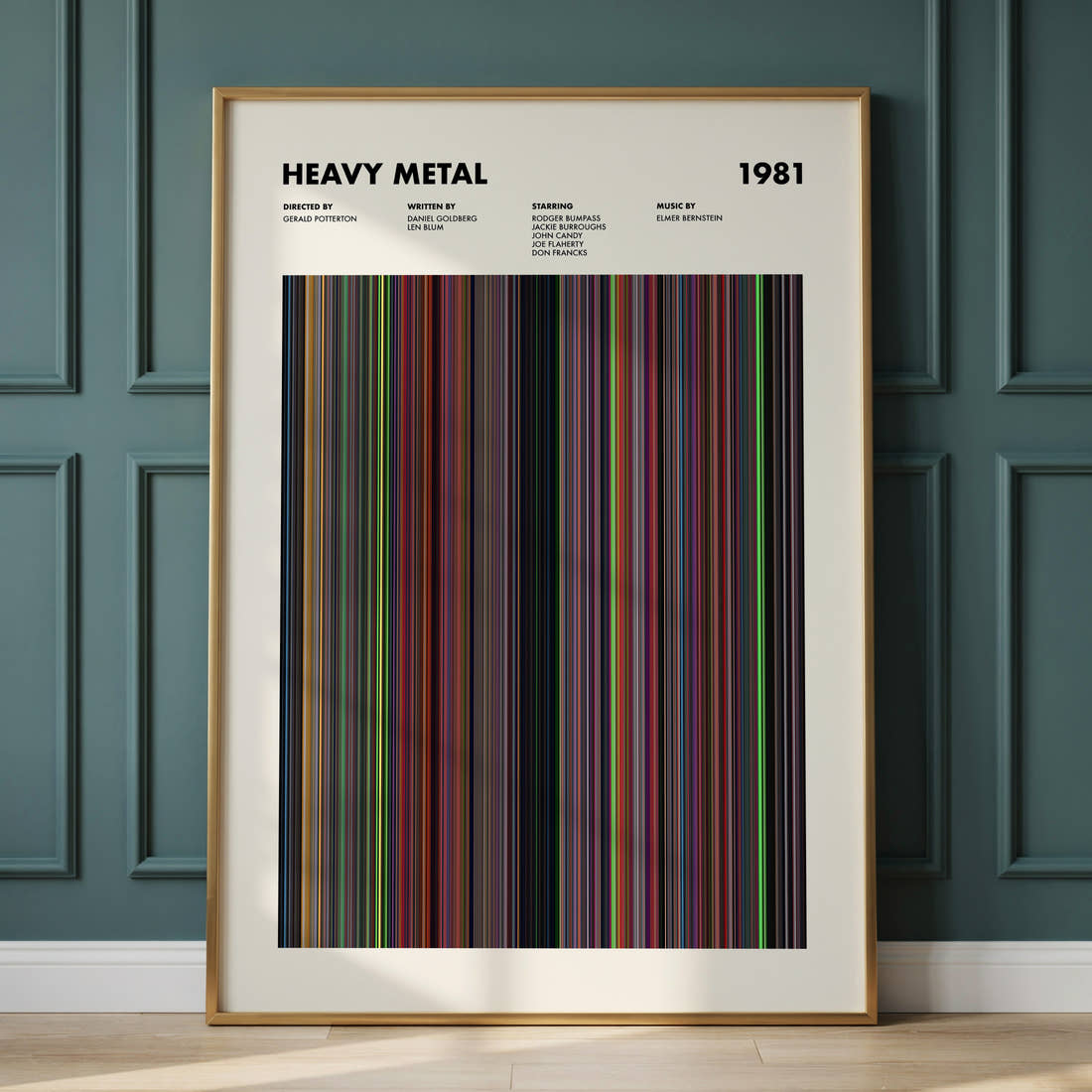 Heavy Metal Movie Barcode Poster framed and leaning against a panelled wall