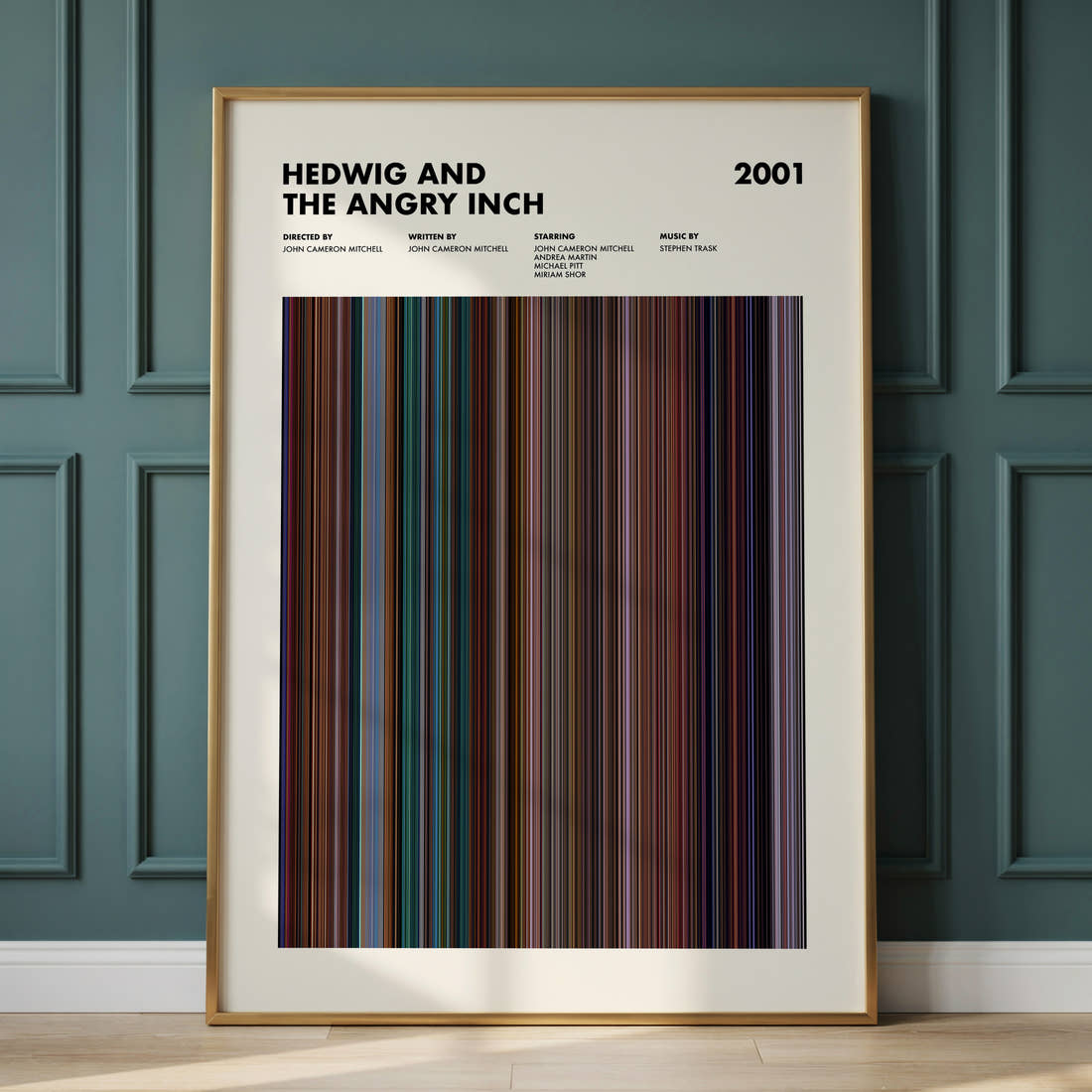 Hedwig And The Angry Inch Movie Barcode Poster framed and leaning against a panelled wall