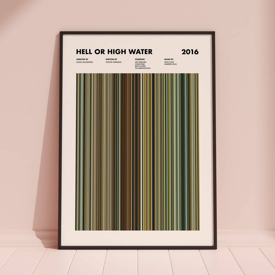 Hell or High Water Movie Barcode Poster framed and leaning against a coloured wall