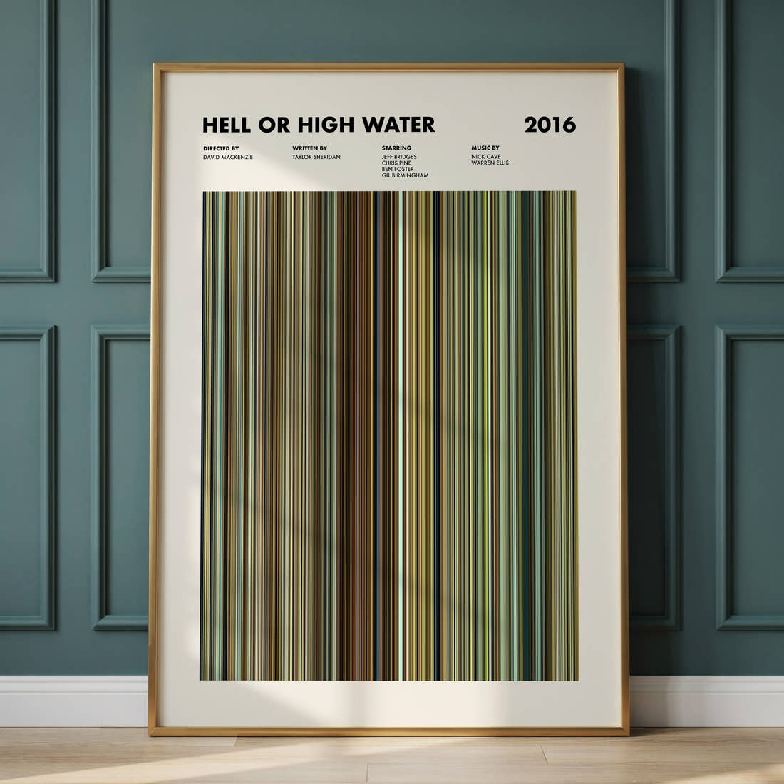 Hell or High Water Movie Barcode Poster framed and leaning against a panelled wall