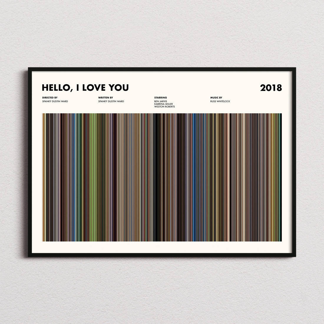 Hello, I Love You Movie Barcode Poster framed and photographed straight on