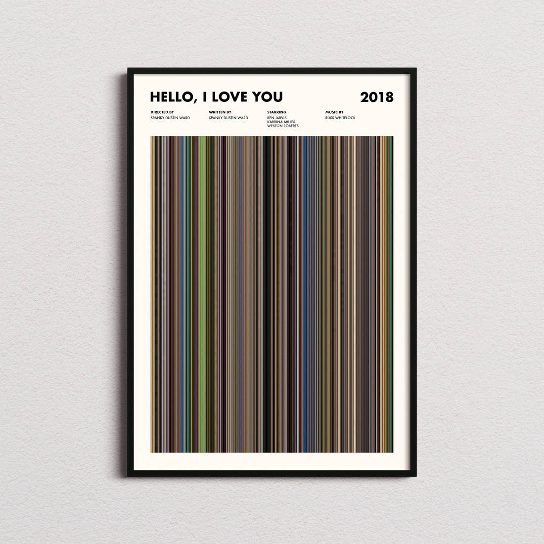 Hello, I Love You Movie Barcode Poster framed on a plain studio wall