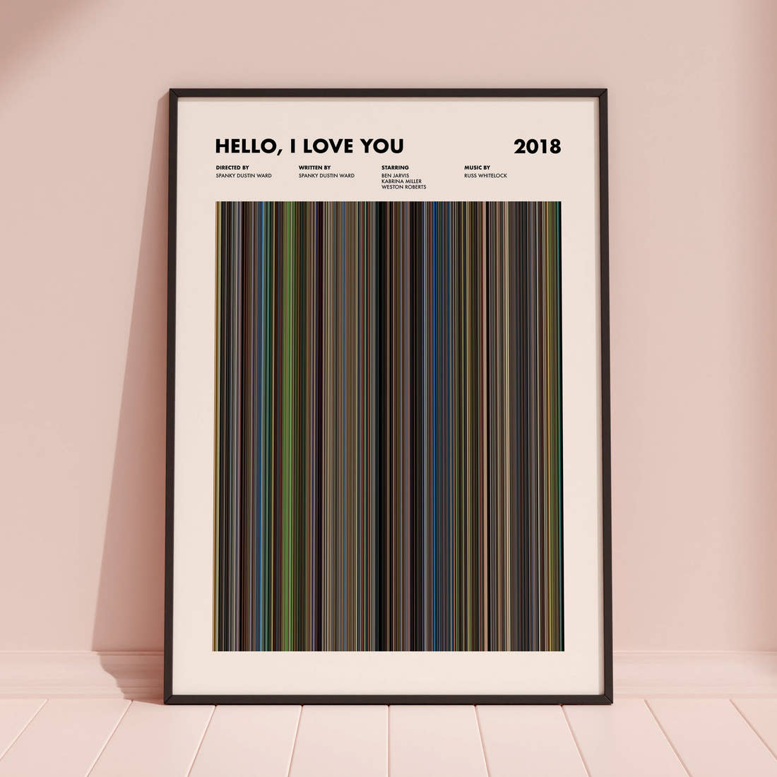 Hello, I Love You Movie Barcode Poster framed and leaning against a coloured wall